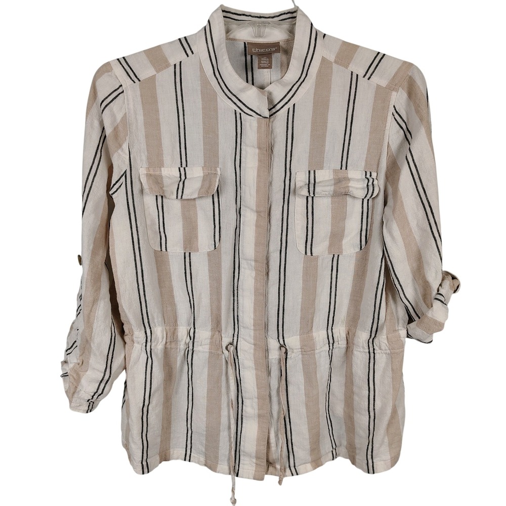 Chicos Womens SZ 2 Utility Drawstring Waist Top Tan Striped Linen‎ Blend Safari